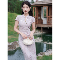 批发实拍 新中式国风绝美紫色提花改良旗袍<b class='q'>连衣裙</b>收腰气质开叉中长裙