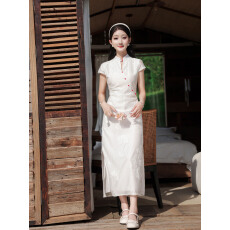 批发实拍 新中式提花旗袍领改良旗袍女夏季<b class='q'>钉珠</b>立领收腰<b class='q'>连衣裙</b>长裙