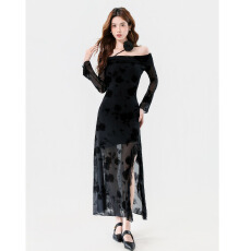 批发实拍法式不规则黑色开叉连衣裙女修身显瘦气质一字肩刺绣提花<b class='q'>长裙</b>