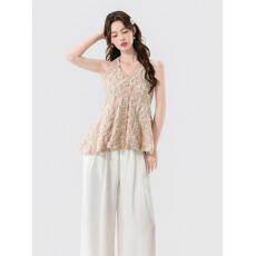 批发实拍立体花朵蓬蓬挂脖吊带背心小衫<b class='q'>宽松</b>阔腿裤夏度假风显瘦两件套