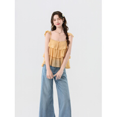 批发实拍夏季温柔浪漫蕾丝层叠吊带小衫配<b class='q'>宽松</b>时尚阔腿长裤两件套女