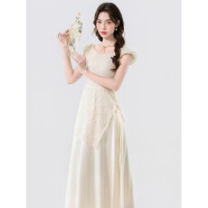 批发实拍新中式蕾丝提花<b class='q'>假两件</b>设计<b class='q'>连衣裙</b>夏季高腰显瘦气质中长裙