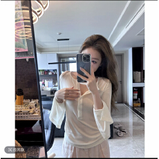 批发小什么小 纯欲风喇叭袖修身显瘦百搭打底上衣+显瘦浅粉色氧气苎麻