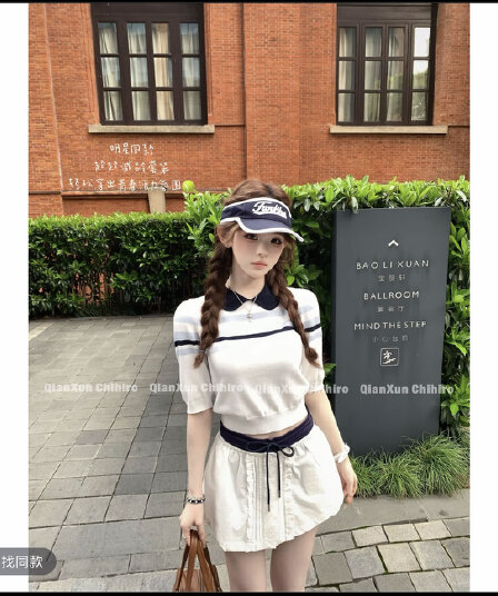산소 부서 여고생 니트 여름 스트라이프 배색 디자인 반신 스커트 사전 여름 통기성 트렌드 펌프 로프 슬리브