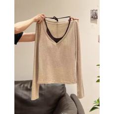 批发东盛网批【1×1人棉260克】挂脖撞色<b class='q'>v领</b>长袖<b class='q'>t</b><b class='q'>恤</b>女秋季设计感显瘦内