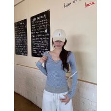 批发东盛网批【1×1螺纹德绒】早秋叠穿休闲两件套女显瘦条纹<b class='q'>v领</b>上衣通