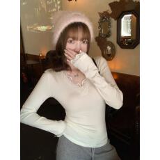 批发东盛网批【德绒280克】加绒打底衫<b class='q'>女</b>内搭秋冬V领蕾丝花边白色保暖