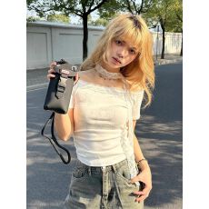 东盛网批现货40支纯棉纯欲风高级感蕾丝拼接斜领短袖T恤女