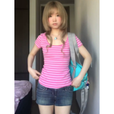 批发东盛网批【印花/40支精棉220克】美式辣妹粉色条纹大领口弹力T恤