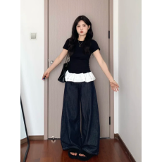 批发东盛网批【现货40支纯棉220克】法式荷叶摆拼接圆领短袖t恤女设计