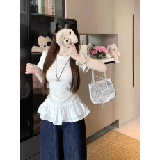 批发东盛网批【40支纯棉】黑色假两件拼接蓬蓬花边短袖T恤女夏季韩系