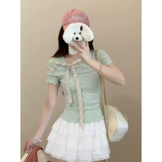 批发东盛网批【广州原版皱皱棉230克】<b class='q'>韩</b>系温柔<b class='q'>风</b>薄荷绿绑带短袖T恤女