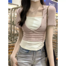 批发东盛网批 现货【原版广州面料】多巴胺假两件短袖T恤女<b class='q'>夏</b>季纽扣