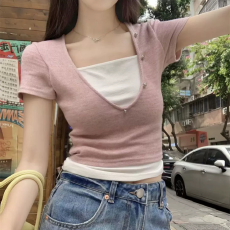 批发东盛网批 现货【原版广州面料】假两件拼色正肩短袖t恤女<b class='q'>夏</b>季2026
