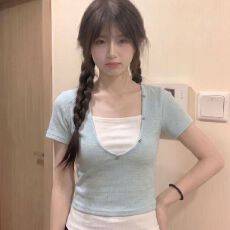 批发东盛网批 现货原版广州面料多巴胺假两件短袖T恤女<b class='q'>夏</b>季纽扣