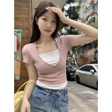 批发东盛网批 现货原版广州面料假两件拼色正肩短袖t恤女<b class='q'>夏</b>季2026