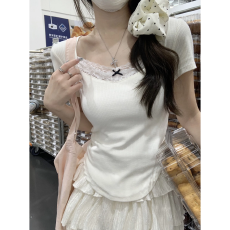 批发东盛网批现货【260克人棉】纯欲蕾丝方领短袖正肩T恤女<b class='q'>夏</b>季蝴蝶结