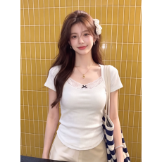 批发东盛网批 现货【260克人棉】设计感蕾丝花边短袖恤女<b class='q'>夏</b>季修身显瘦