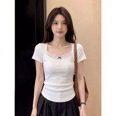 批发东盛网批 现货【260克人棉】蕾丝蝴蝶结拼接高级感正肩短袖女<b class='q'>夏</b>新
