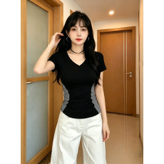 批发东盛网批【现货40支棉】小众设计感正肩修身显瘦V领短袖T恤女夏季
