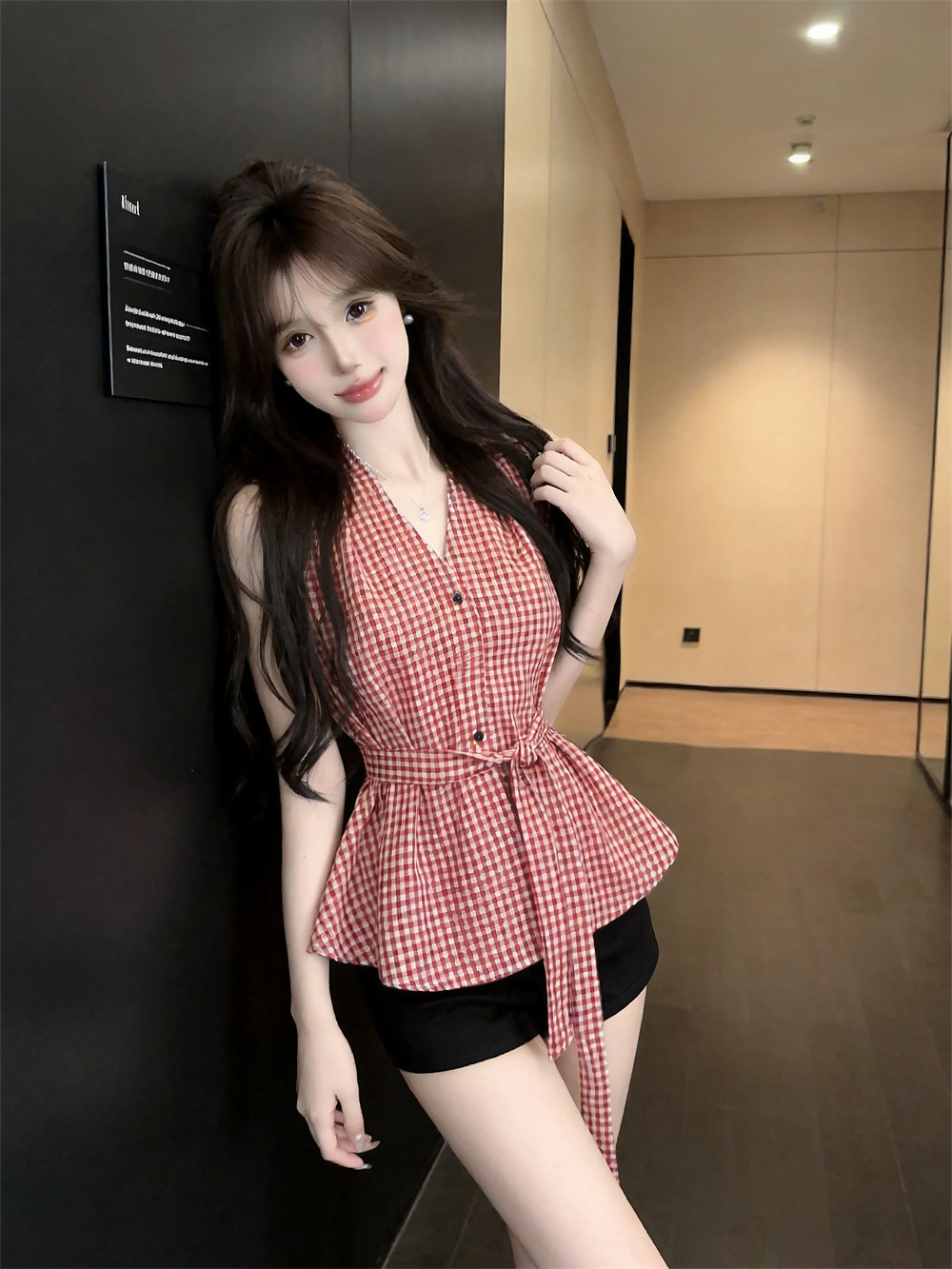실사 한 부서 품격 허리 수축 민소매 V 넥 셔츠 2026 여름 미니멀리즘 다용도 레이스업 반팔 맨위