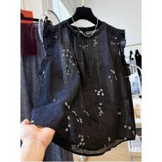 批发韩系减龄复古印花木耳边<b class='q'>小</b>飞袖蝴蝶结外穿马甲背心女夏季气质小衫