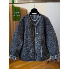 批发法式小香风撞色格子毛茸茸夹棉外套女棉服宽松保暖2025秋冬新款