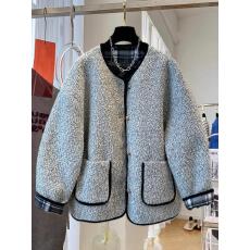 批发法式小香风撞色格子毛茸茸夹棉外套女棉服宽松保暖2025秋冬新款