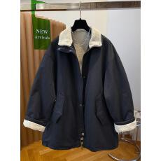 批发高级感黑色毛茸茸翻领中长款工装外套女加绒加厚宽松2025冬季新款