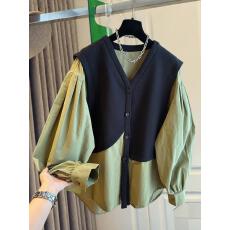 批发2026春装<b class='q'>欧洲站</b>马甲拼接假两件衬衫外套男女小众撞色泡泡袖衬衣