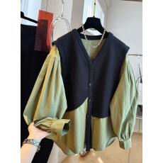 批发2026春装欧洲站<b class='q'>马甲</b>拼接假两件衬衫外套男女小众撞色泡泡袖衬衣