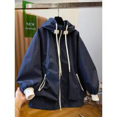 批发韩系高级感独特巨好看的休闲连帽冲锋衣女春季中长款<b class='q'>风衣</b>夹克外套