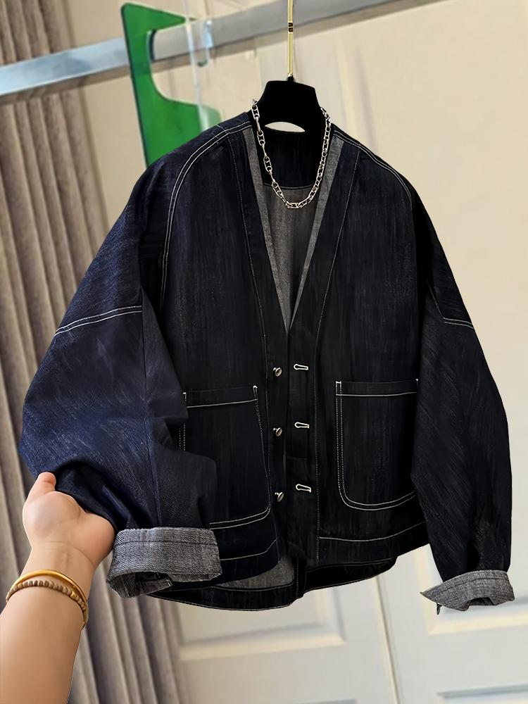 고급 센스 일본과 한국 부서 이른 봄 착용 가져 가라. 고유 한 아름다운 V넥 배트윙 소매 데님 여성 코트 봄 캐주얼 재킷