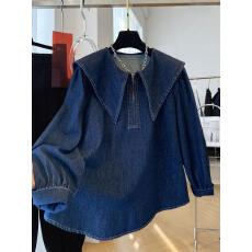 2026春秋新款独特超好看减龄大翻领娃娃领长袖牛仔衬衫宽松上衣女