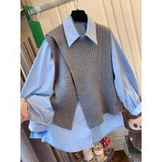 批发时尚设计感超好看独特不规则开叉针织<b class='q'>马甲</b>背心衬衫两件套女春新款