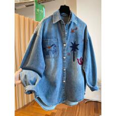 批发高级感刺绣牛仔衬衫女叠穿内搭2026新款宽松休闲<b class='q'>中长款</b>遮屁股上衣