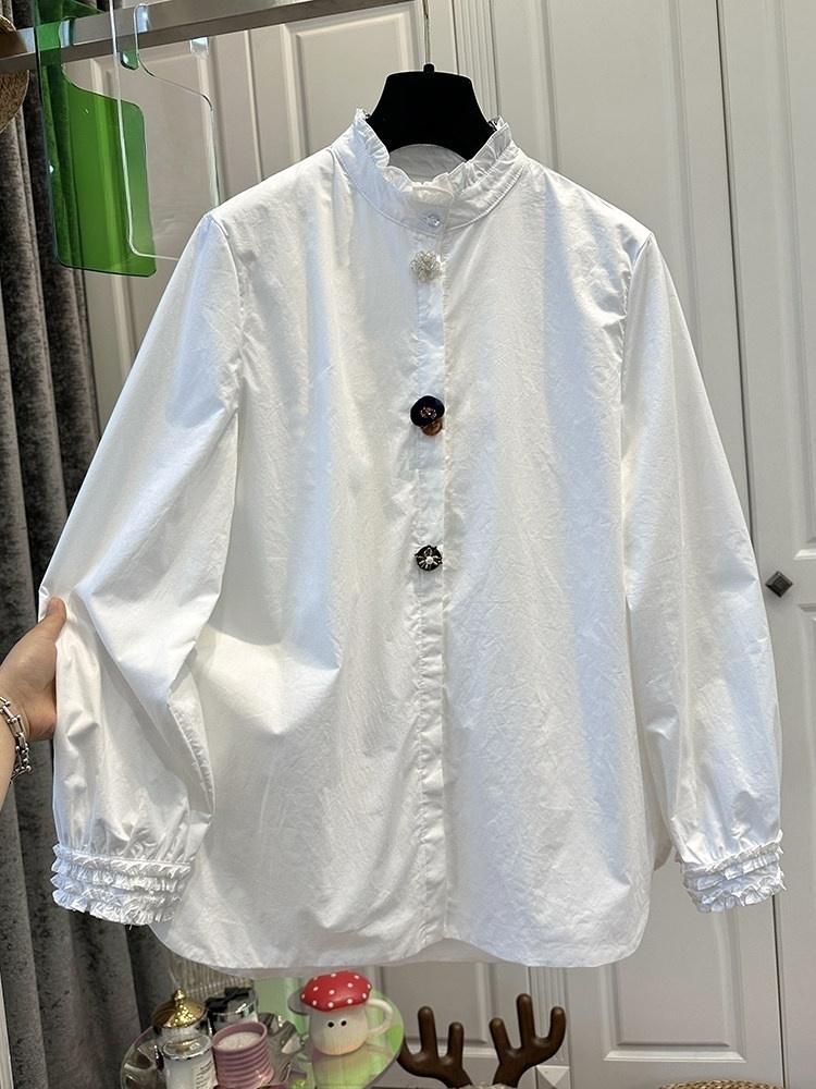 미니멀리즘 프릴 단색 긴팔 여성 셔츠 셔츠 디자인 센스 비즈 박기 패치워크 다용도 2026 이른 봄 새로운