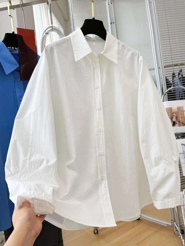 디자인 센스 고유 한 느긋한 바람 루즈핏 캐주얼 한 부서 파란색 긴팔 여성 셔츠 커프스 주름 맨위 봄 새로운