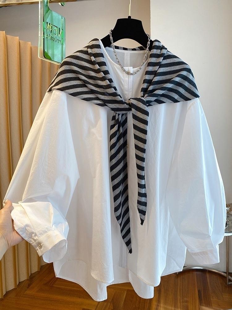 고급 센스 스트라이프 숄 긴팔 여성 셔츠 2026 새로운 봄 루즈핏 대 에디션 중간 길이 표지 엉덩이 맨위