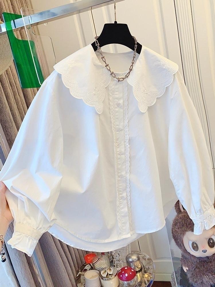 프랑스식 패션 품격 자수 프릴 칼라 레이스 화이트 긴팔 셔츠 루즈핏 맨위 여성 면 2026 봄 새로운