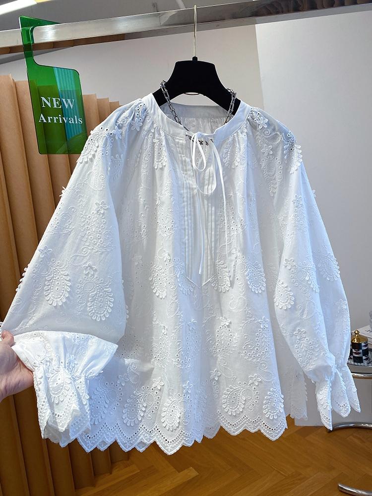 화이트 자수 홀로우 아웃 셔츠 여성 긴 소매 2026 새로운 이른 봄 루즈핏 풀오버 아름다운 아름다운 인형 셔츠 맨위