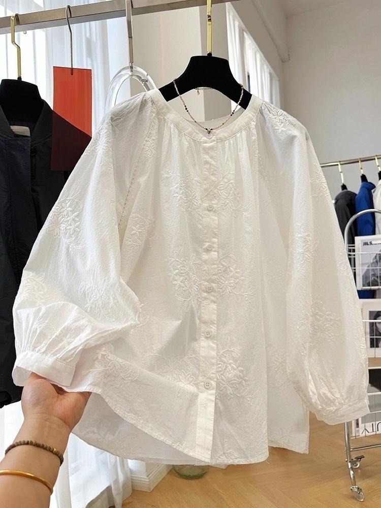 한 부서 슈퍼 잘 생긴 자수 라운드 넥 긴팔 여성 셔츠 봄 슈퍼 잘 생긴 연령 감소 프랑스식 인형 셔츠 루즈핏 맨위