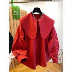 批发红色娃娃领衬衫女长袖2026新款宽松独特别致抽绳设计感大翻领上衣