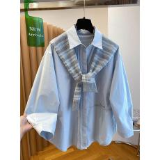 批发高级感蓝色衬衫披肩两件套女2026新款早春宽松休闲洋气超好看上衣