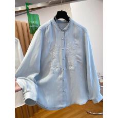 批发高级感独特简约漂亮刺绣苎麻衬衫女长袖2026新款宽松休闲上衣春款