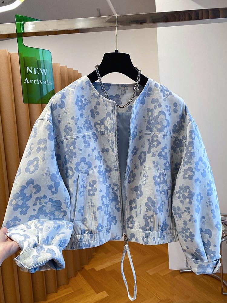 고급 센스 파란색 꽃무늬 라운드 넥 재킷 여성 짧은 2026 새로운 이른 봄 루즈핏 품격 슈퍼 잘 생긴 재킷 트렌디