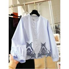 批发条纹<b class='q'>长袖</b>圆领衬衫女春装独特刺绣独特漂亮小衫法式别致小资上衣