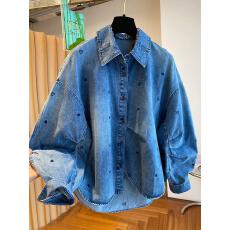 批发欧货蓝色爱心印花牛仔衬衫女<b class='q'>长袖</b>2026新款宽松时髦翻领上衣春季潮