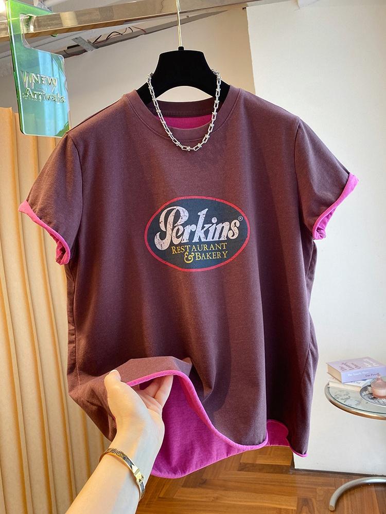 고급 센스 볼륨 측면 반팔 티셔츠 여성 여름 2026 새로운 루즈핏 고유 한 Chic 레트로 프린트 기본 셔츠 맨위