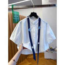 批发白色高腰短款衬衫女短袖2026新款夏季宽松显高别致小个子系带上衣
